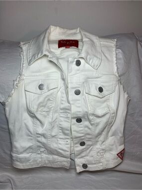 Guess White Denim Jacket Vest with Red Logo Tag